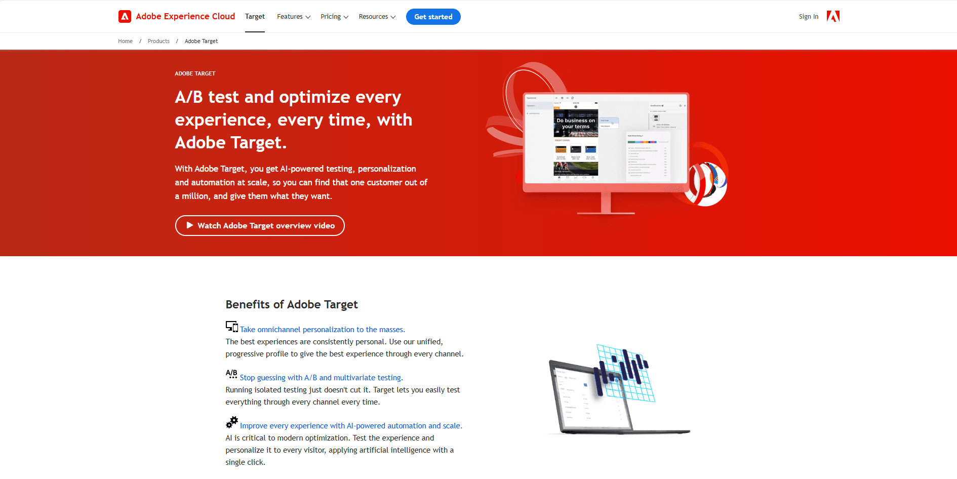 Screenshot of Adobe Target homepage hero section