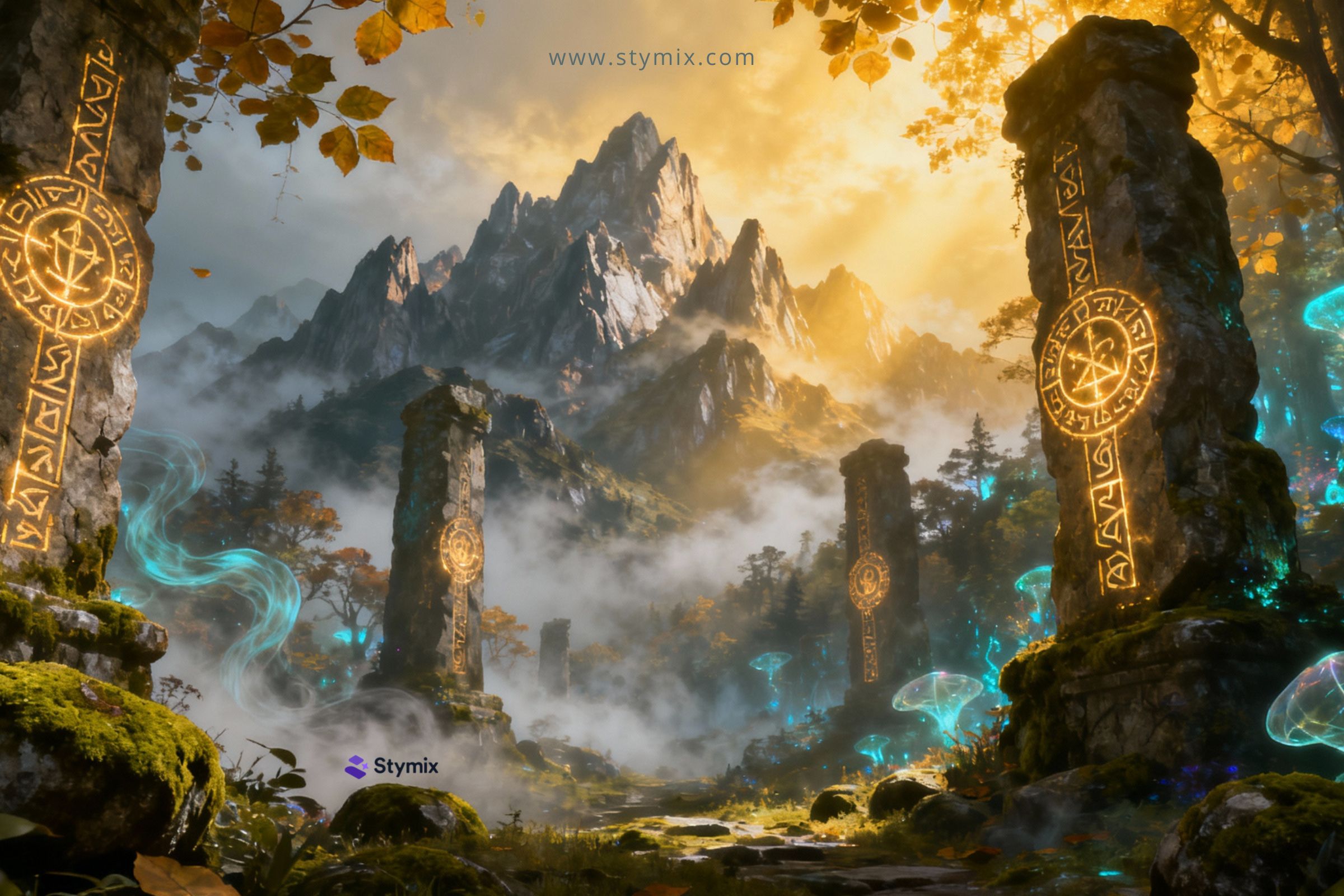 A magical forest land in the mountains with old ruins, symbols and magical trees.
