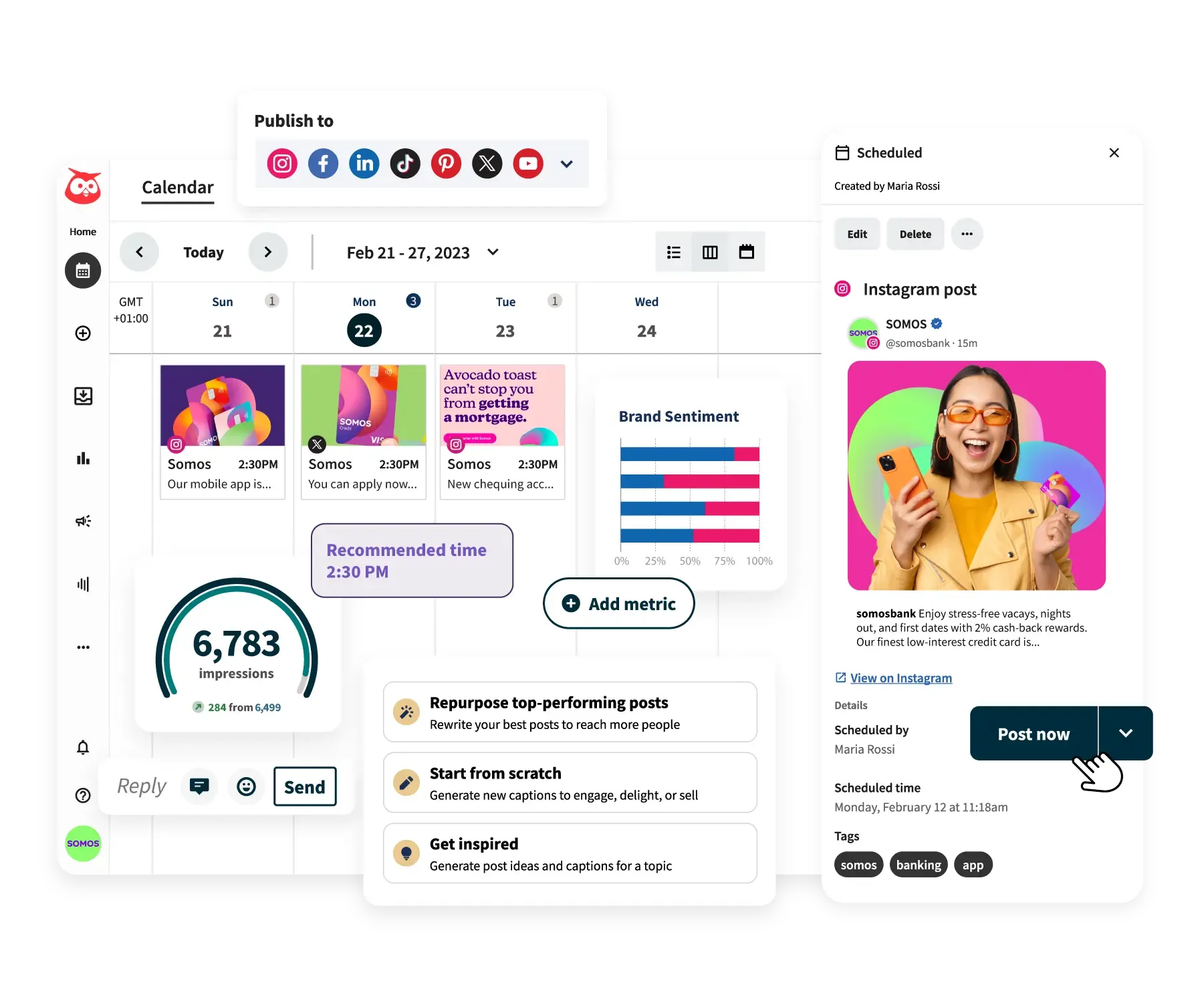 Hootsite dashboard for social media posts scheduling, planning, and posting.