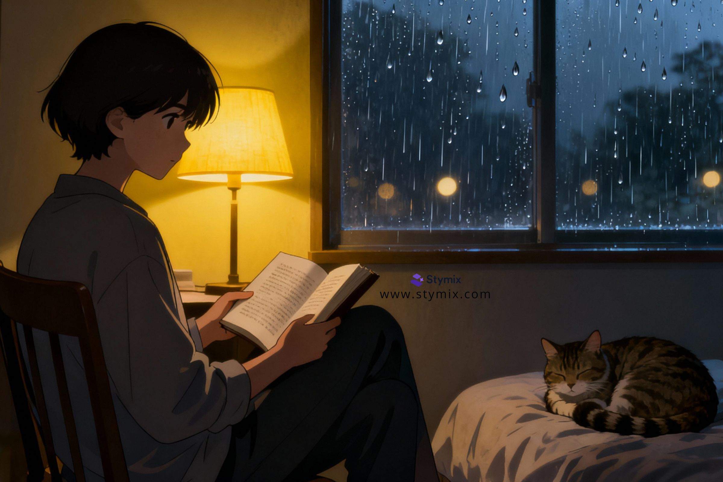 A boy reading a book on a rainy evening with his cat chilling next to him on bed.