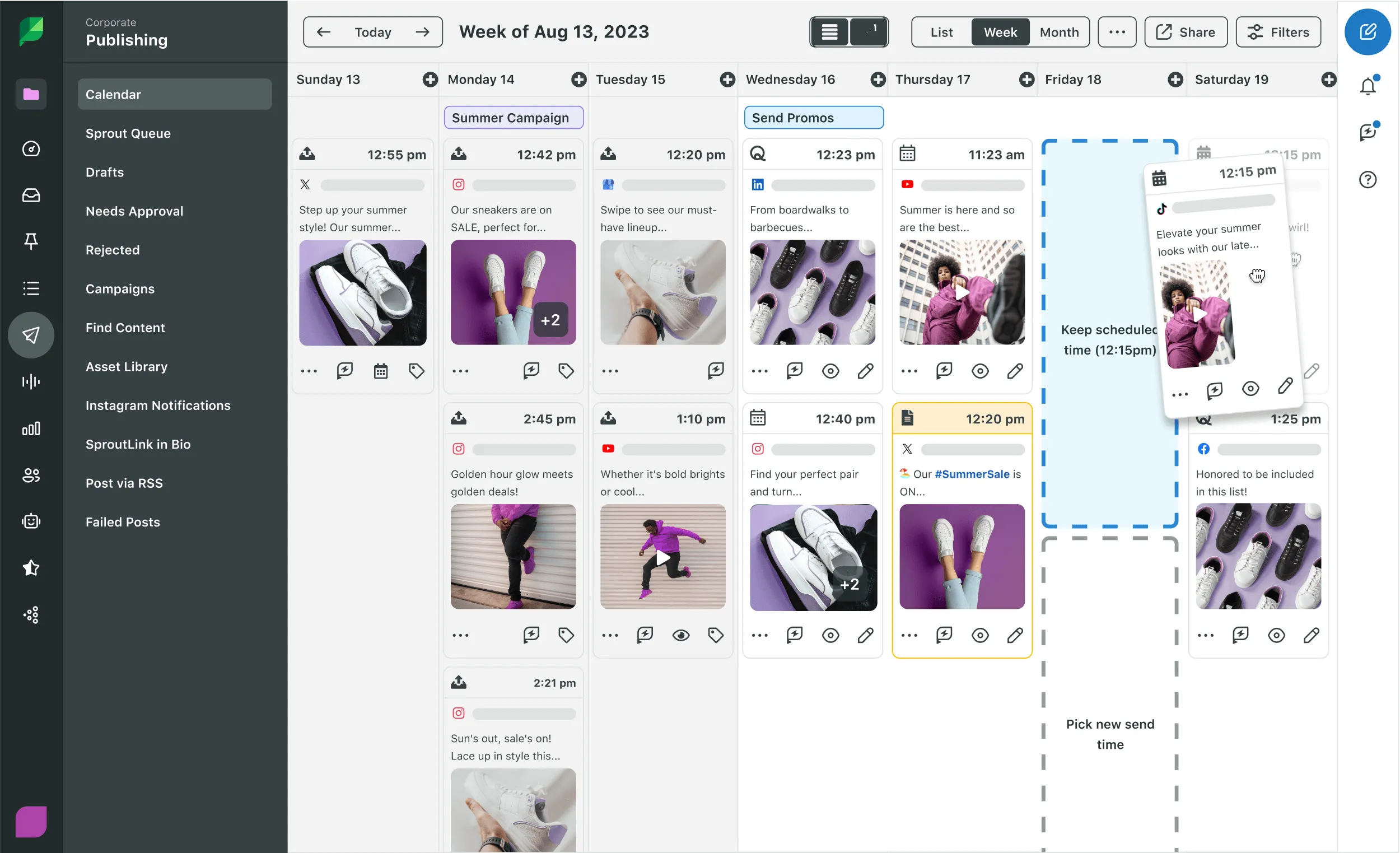 Sprout Social publishing calendar showing the week view only.