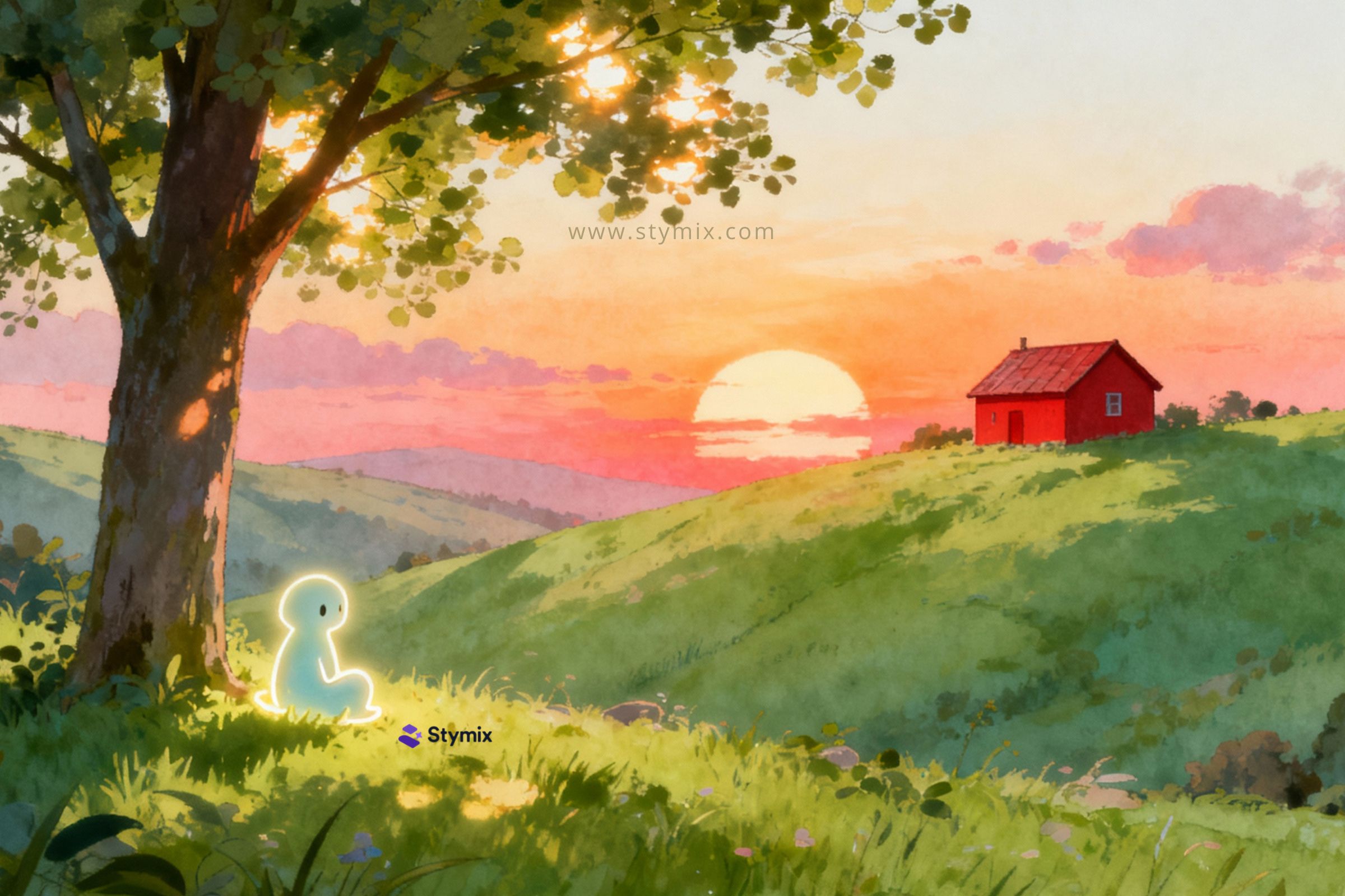 A spirit resting under a tree overlooking a red house in a Studio Ghibli AI Art work.