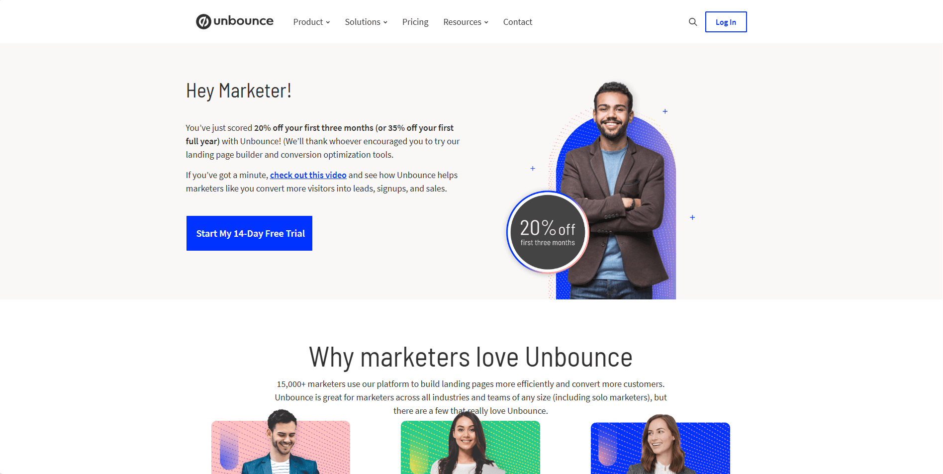 Screenshot of Unbounce homepage hero section