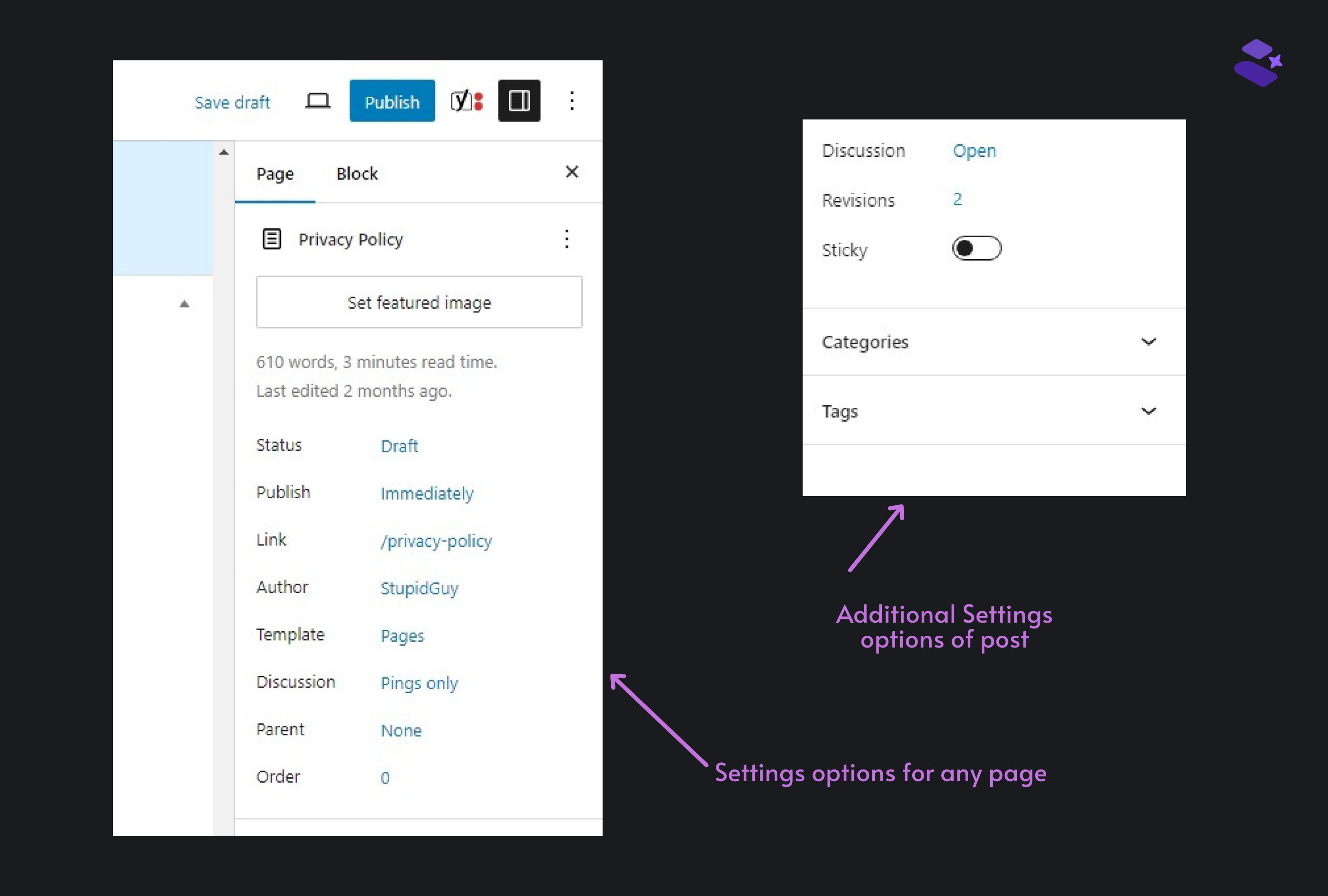 WP page settings options