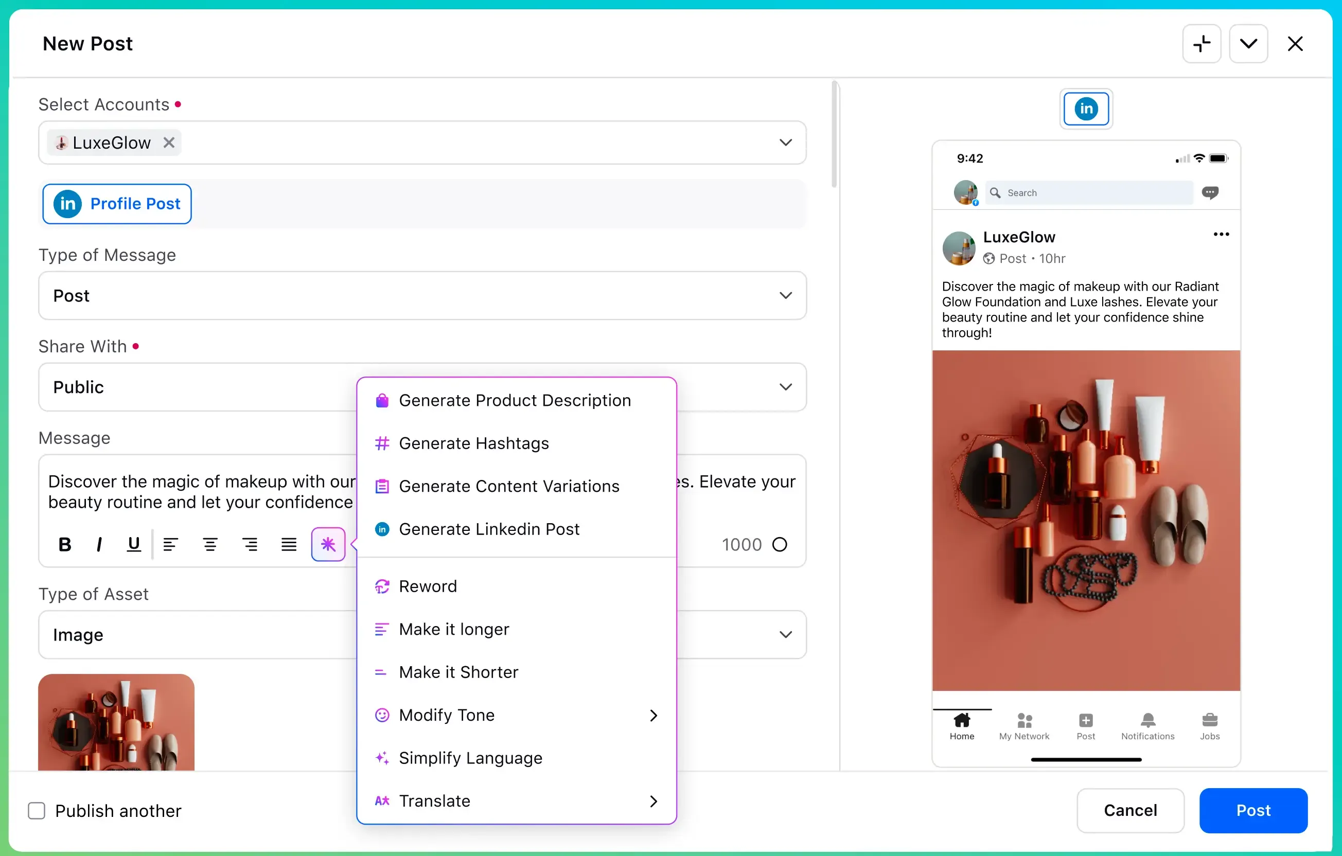 Sprinklr UI for social media posting.